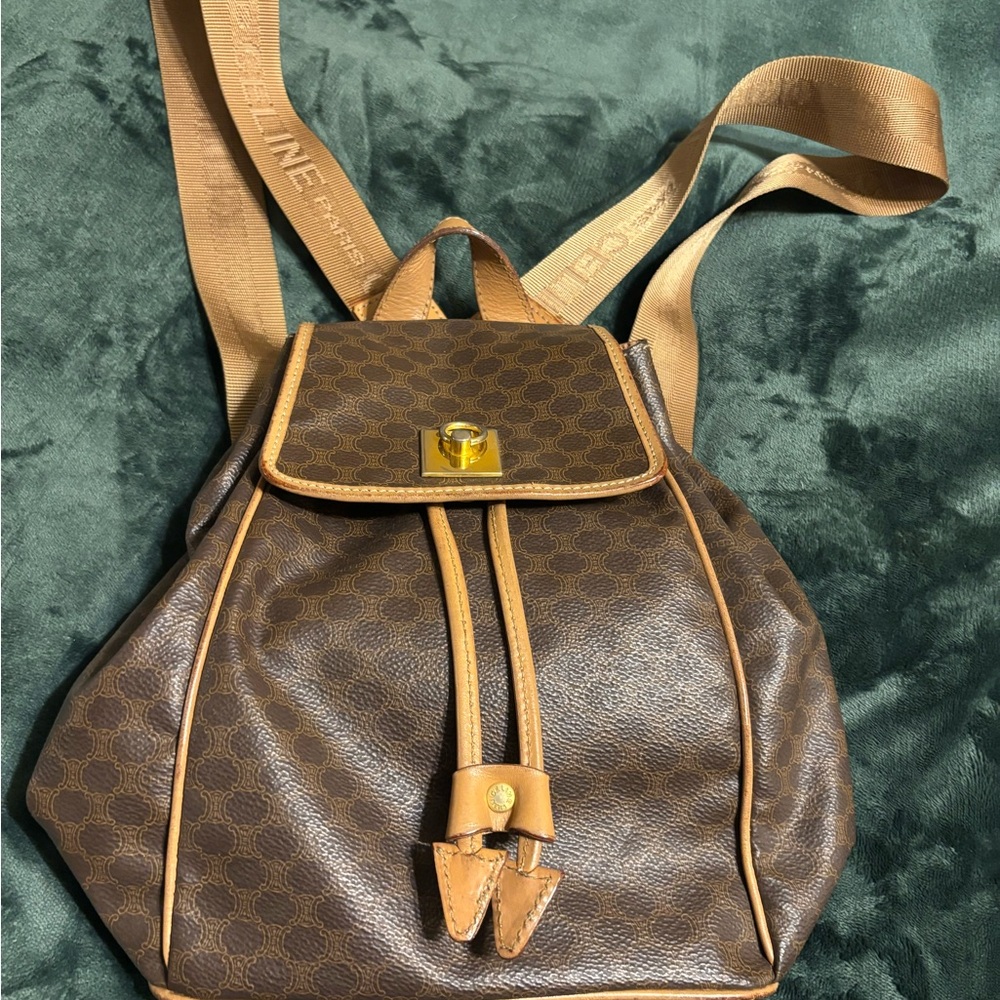 Celine Brown and Tan Backpack with Gold Accents